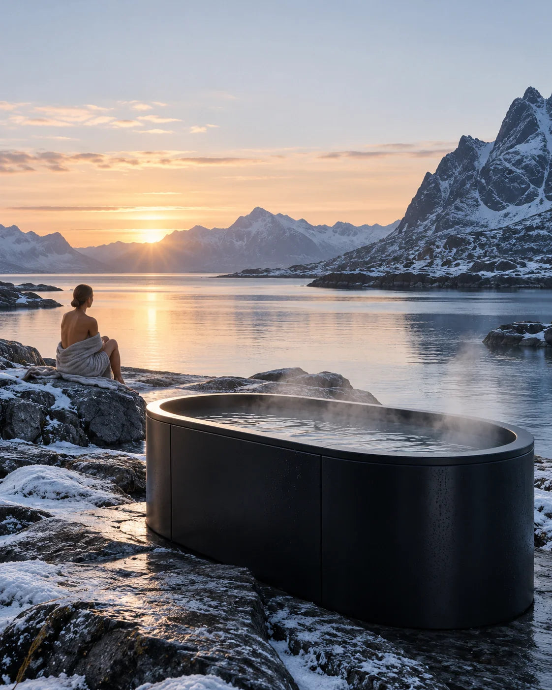 Bain froid ThermoKryo face à un fjord et à la montagne