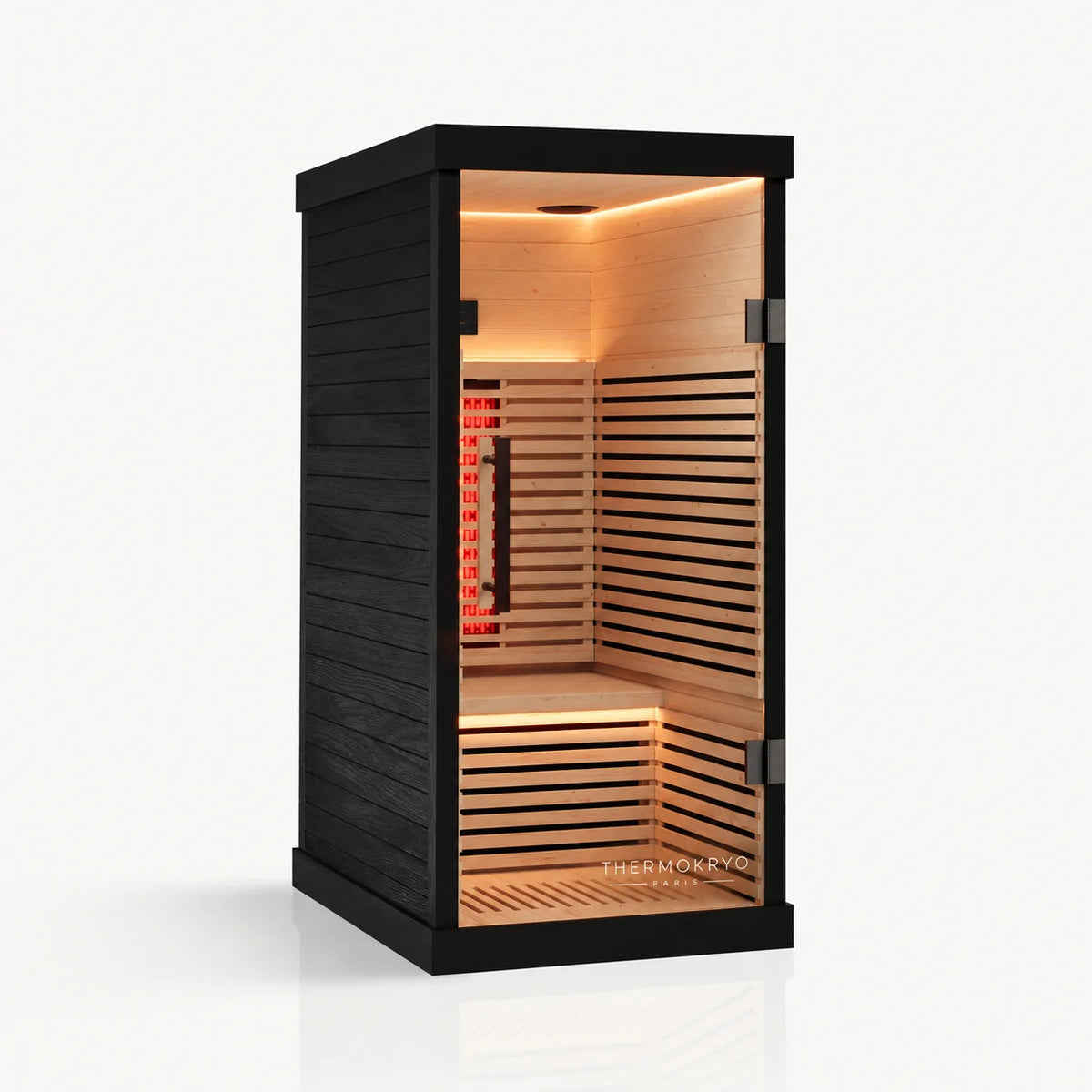 Sauna infrarouge 1 personne en pruche, vue de trois quarts gauche