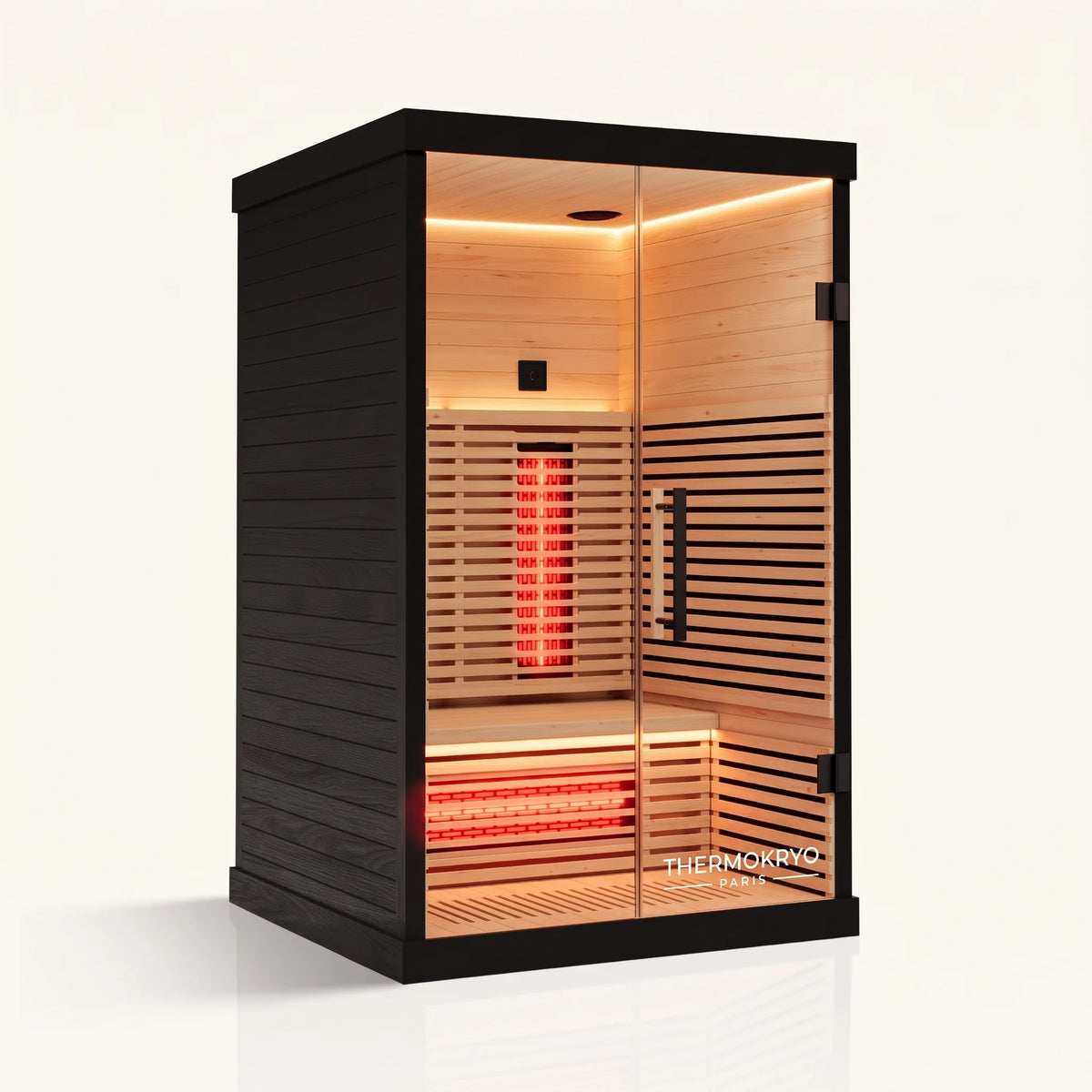 Sauna infrarouge 2 personnes en pruche, vue de trois quarts droite