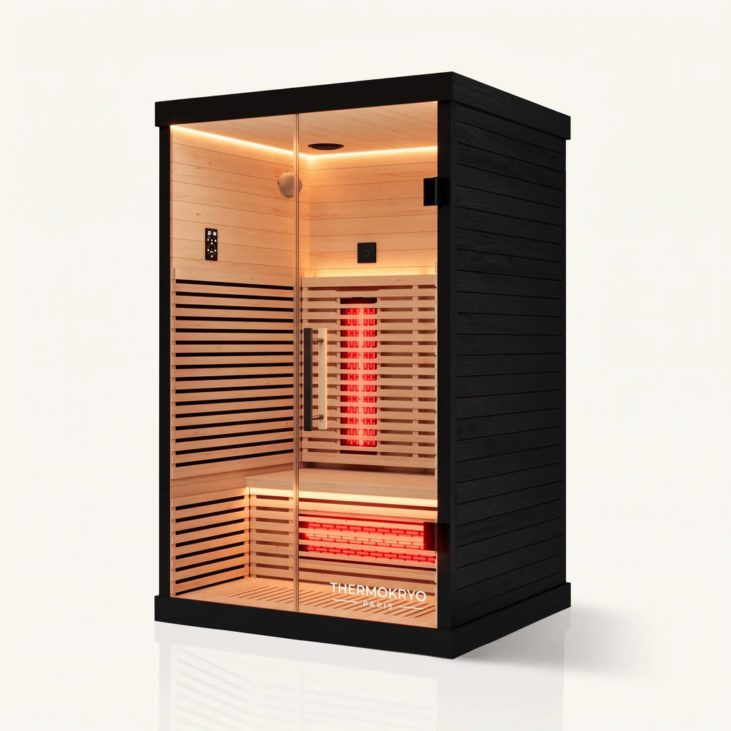 Sauna infrarouge 2 personnes en pruche, vue de trois quarts gauche