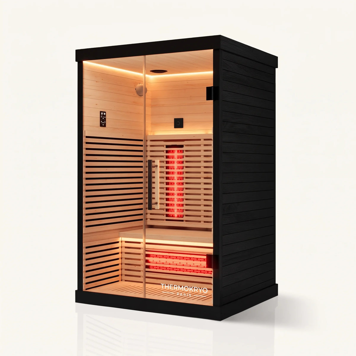 Sauna infrarouge 2 personnes en pruche, vue de trois quarts gauche