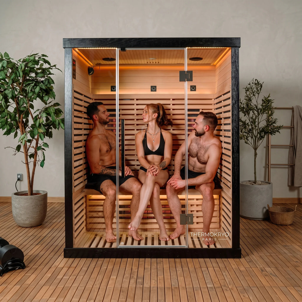 Sauna infrarouge 3 personnes en situation, éclairage chaud