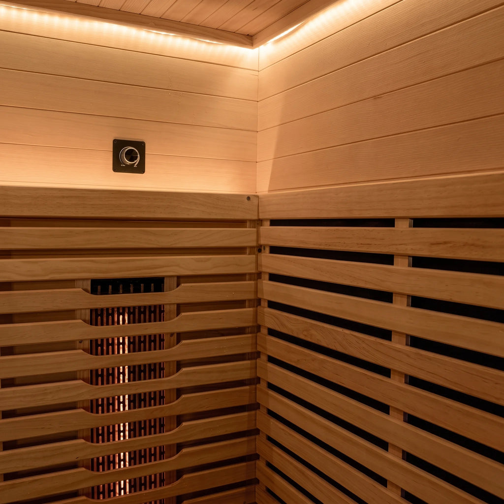 Angle intérieur du sauna infrarouge 3 personnes en pruche