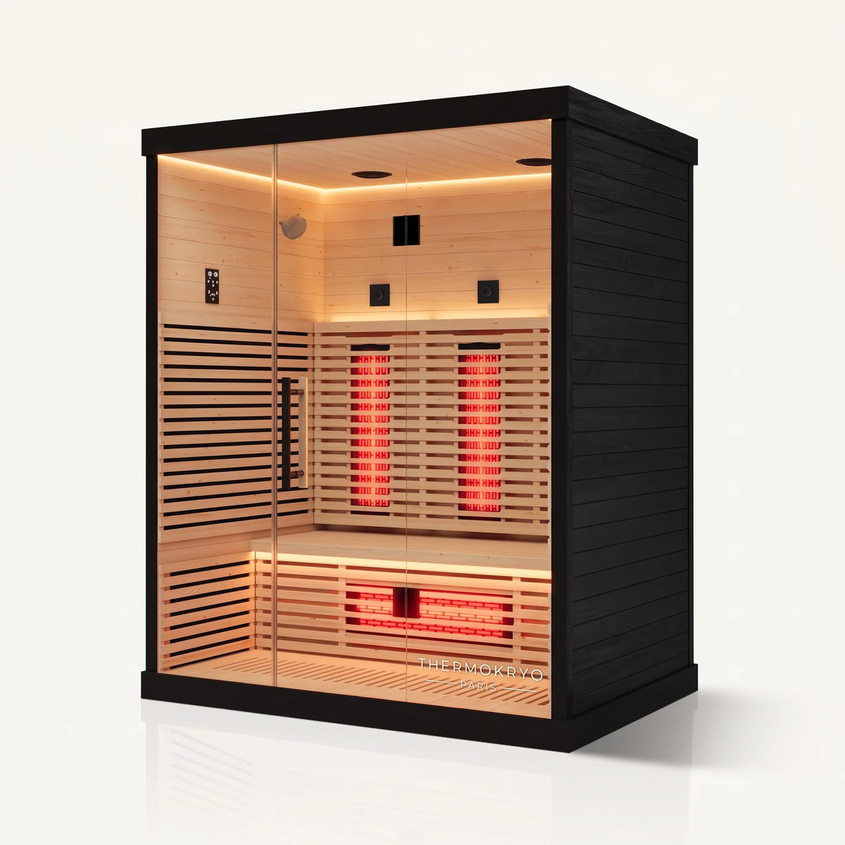 Sauna infrarouge 3 personnes en pruche, vue de trois quarts gauche