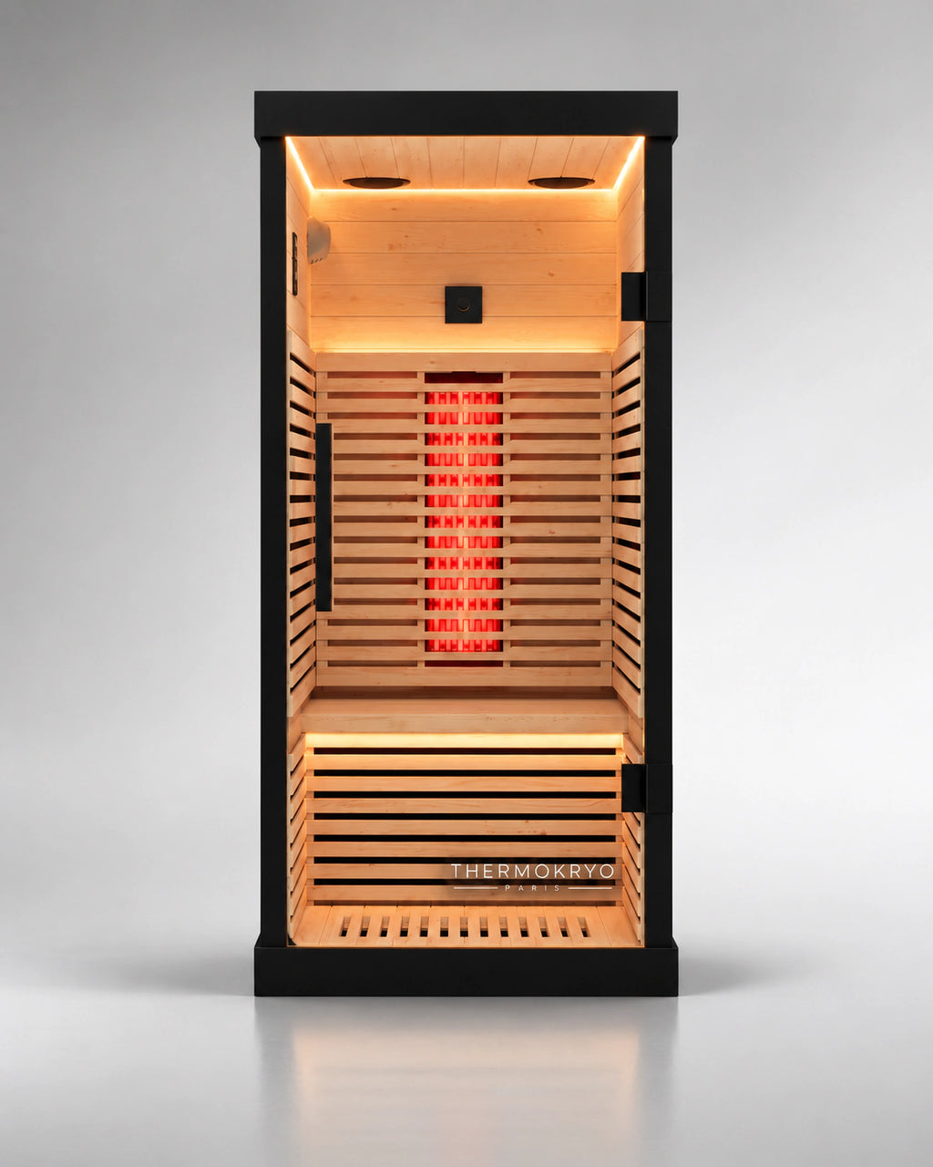Sauna infrarouge 1 personne en pruche – Spectre complet, plancher chauffant – Noir