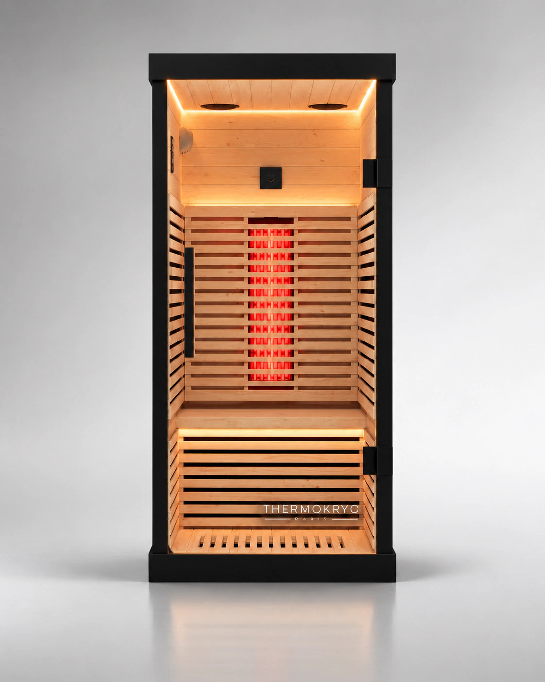 Sauna infrarouge 1 personne en pruche – Spectre complet, plancher chauffant – Noir