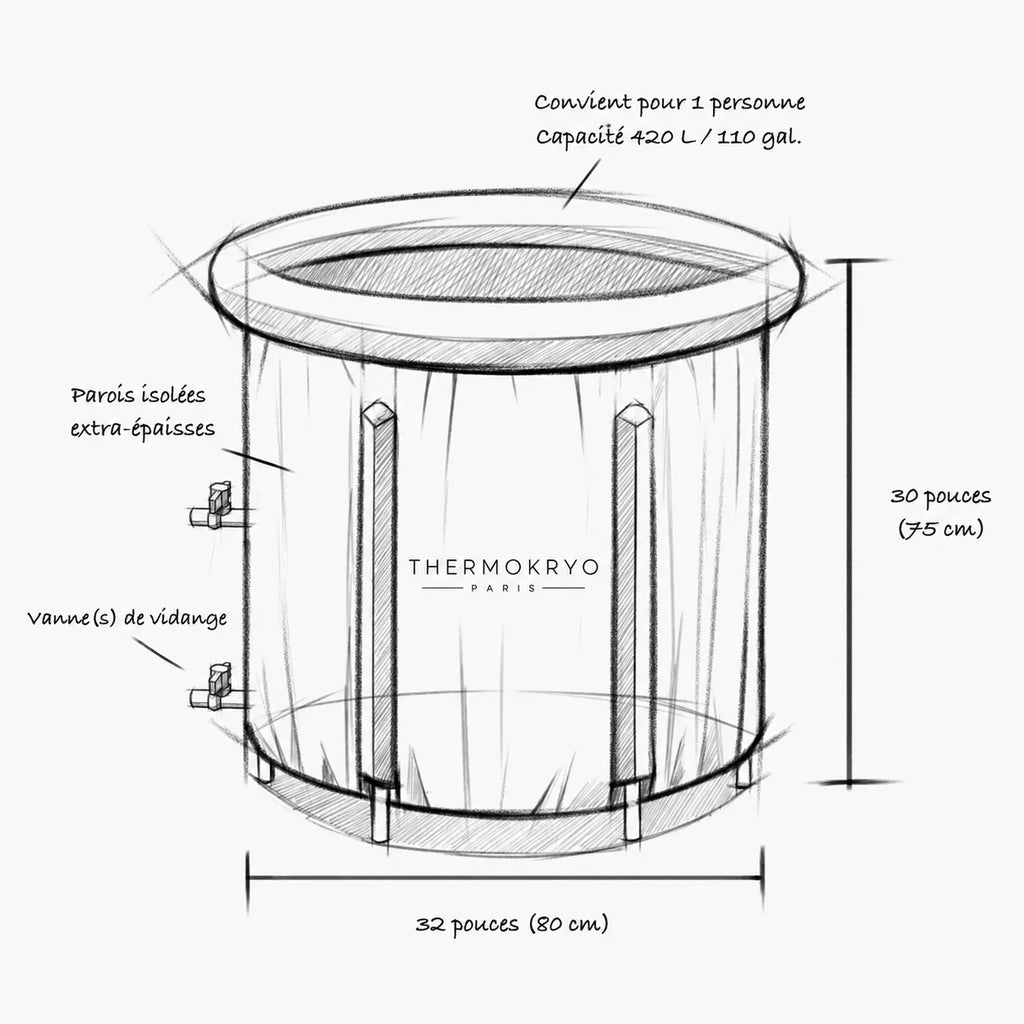 Bain froid portable isolé sans boitier – Cuve d'immersion à froid 400 L, Ø 80 cm, intérieur et extérieur