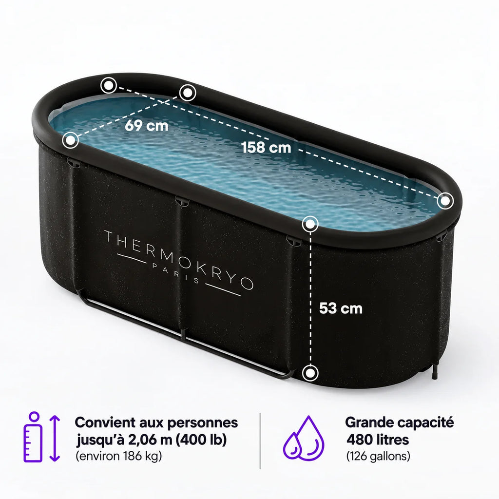 Bain froid long portable isolé sans boitier – Cuve d'immersion à froid 480 L sans boitier, 158 x 65 cm, intérieur et extérieur