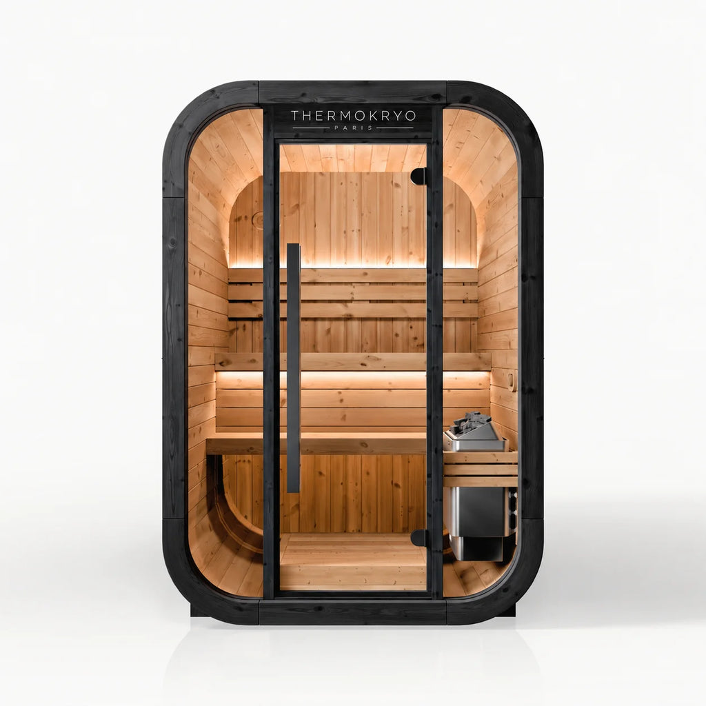 Sauna extérieur 2-3 personnes – Cabine en bois, façade vitrée – Noir