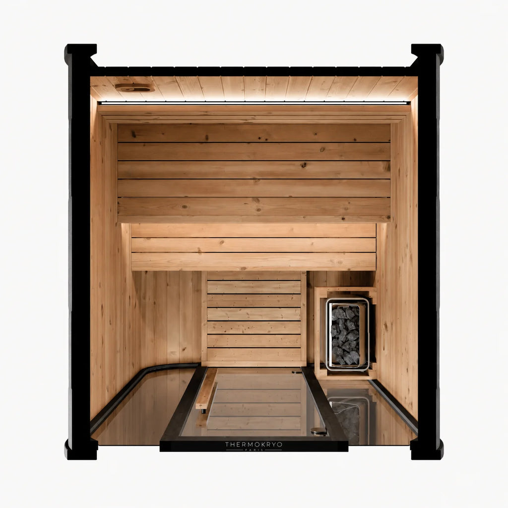 Sauna extérieur 2-3 personnes – Cabine en bois, façade vitrée – Noir