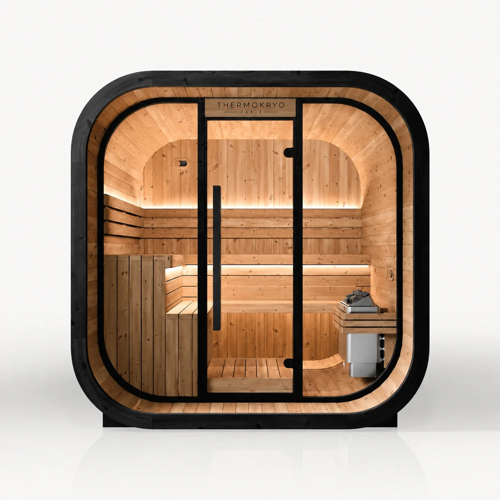 Sauna extérieur 4-6 personnes – Cabine en bois, façade vitrée – Noir