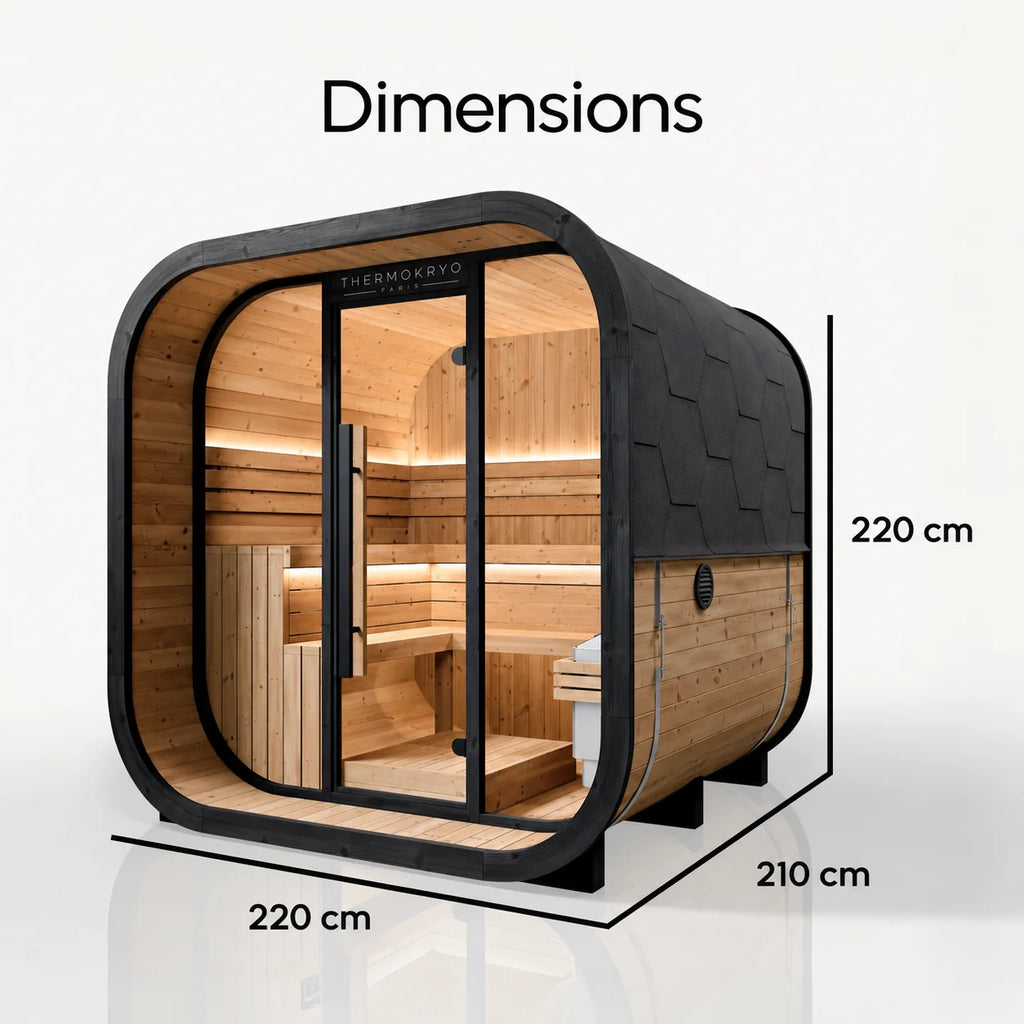 Sauna extérieur 4-6 personnes – Cabine en bois, façade vitrée – Noir